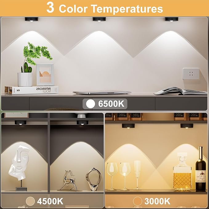 Puck Lights with Remote, Rechargeable Battery Touch Push lights, 3 Colors Led Under Cabinet Lighting, 1500mAh Wireless Tap light, Stick on Closet Light for Kitchen, Pantry, Shelves (Black 6 Pack)