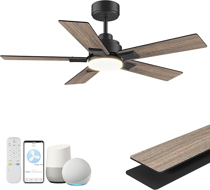 42Inch Smart Ceiling Fan with Lights Remote,APP&Voice Alexa WIFI Controled,Quiet Reversible DC Motor,Dimmable LED,Indoor Outdoor,Small Modern Ceiling Fan,for Bedroom Patio Porch,Black&Walnut