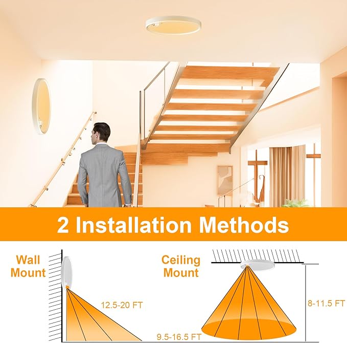 Eleganted Motion Sensor Ceiling Light Hard Wired，8.7 Inch LED Flush Mount Ceiling Light Fixture,3000k/4000k/6000k Selectable 18W Ceiling Lights for Pantry Hallway Stairwell Porch 2 Pack