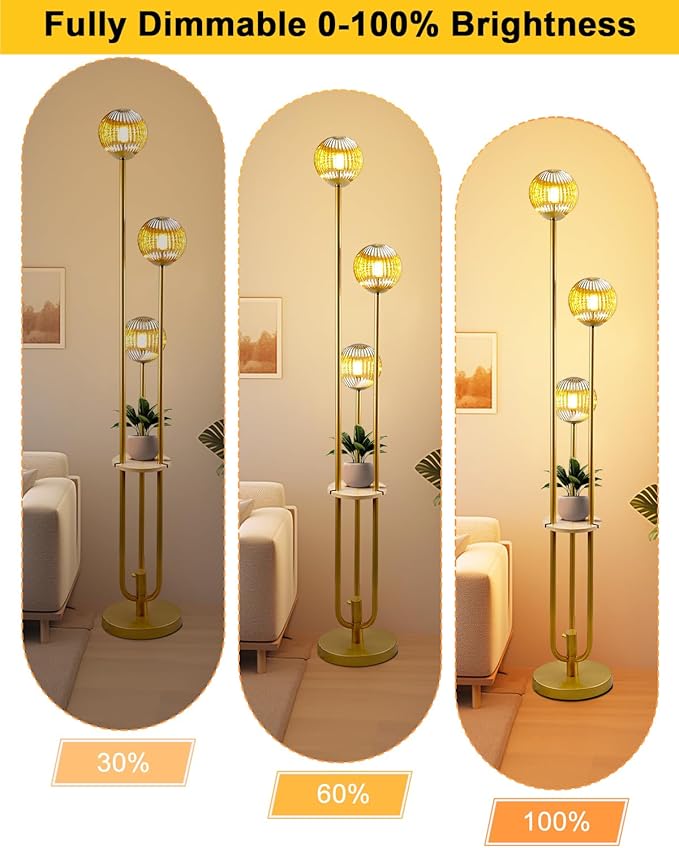Lightdot Glass Floor Lamp with Shelf, 63IN Dimmable Mid Century Modern Gold Standing Lamps with 3 3000K Bulbs Included, Globe Floor Lamp for Living Room/Wedding/Office//Sofa Beside/Corner Decor