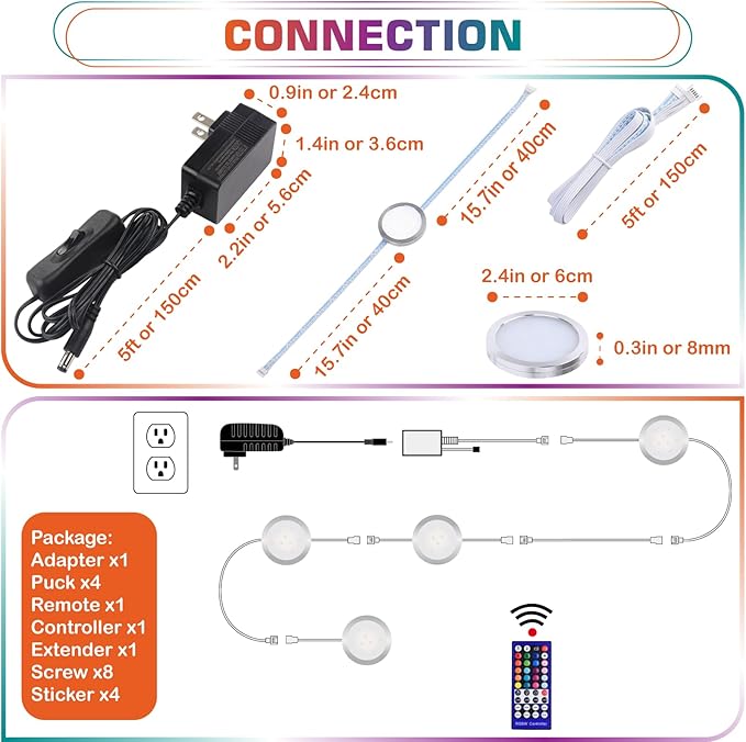 RGBWW Under & Above Shelf Light, Round LED Puck for Accent & Ambient Lighting, Color Changing & True Warm White, Remote Dimmable, Daisy Chain Linkable, 110 Volt Wall Plugged in, 4 Lights