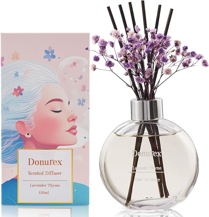 Flower Reed Diffuser Set 5.07oz Lavender Thyme Scent Diffuser with Sticks Home Fragrance Reed Diffuser for Bathroom Shelf Decor