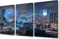 3 Panels City Night Scene as Background Hologram Paintings Modern Home Decor Smart City and Information Technology Abstract Canvas Paintings for Bedroom, Living Room Office Ready to Hang (36"Wx24"H)