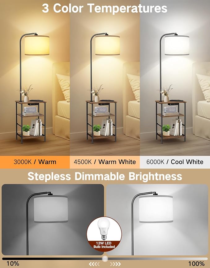 Floor Lamp with Table, 2 Drawers & Remote, Side End Table with Charging Station, Dimmable Nightstand with 3 Color Temperature, 1-Hour Timer, 12W LED Bulb, for Living Room, Bedroom