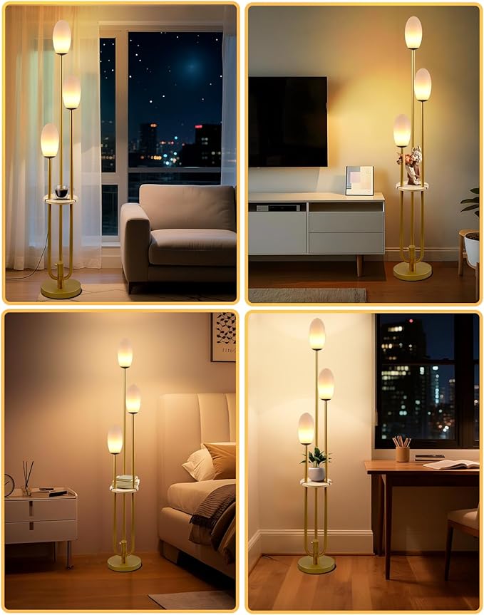 Lightdot Gold Floor Lamp Dimmable with Table, Tall Standing Lamps with 3-Oval Lampshades& LED Bulbs Included, 3000K Warmwhite Mid Century Modern Floor Lamp for Living Room/Sofa Beside/Corner Decor