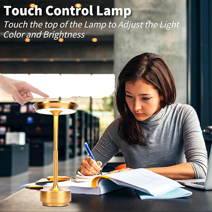 Cordless LED Table Lamp, Rechargeable Touch Control Desk Lamp Battery Operated Nightstand Night Light with Dimmable Brightness for Living Room, Home Office, Restaurant (Gold)