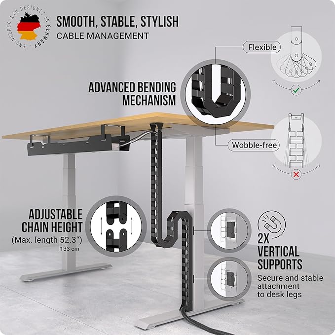 Under Desk Cable Management Vertebrae - Perfect for Sit Stand Desk - Wire Management - Adjustable Length - Flexible Cable Spine - Black, 133 cm