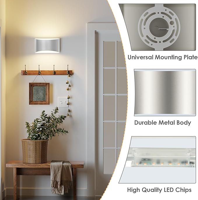 FOLKSMATE Modern LED Wall Sconces, 3000K Warm White Wall Lights Set of 2, 10W Up and Down Mount Light, Sliver Hardwired Indoor Sconces Lighting Lamp for Bedroom Bedside Hallway Living Room