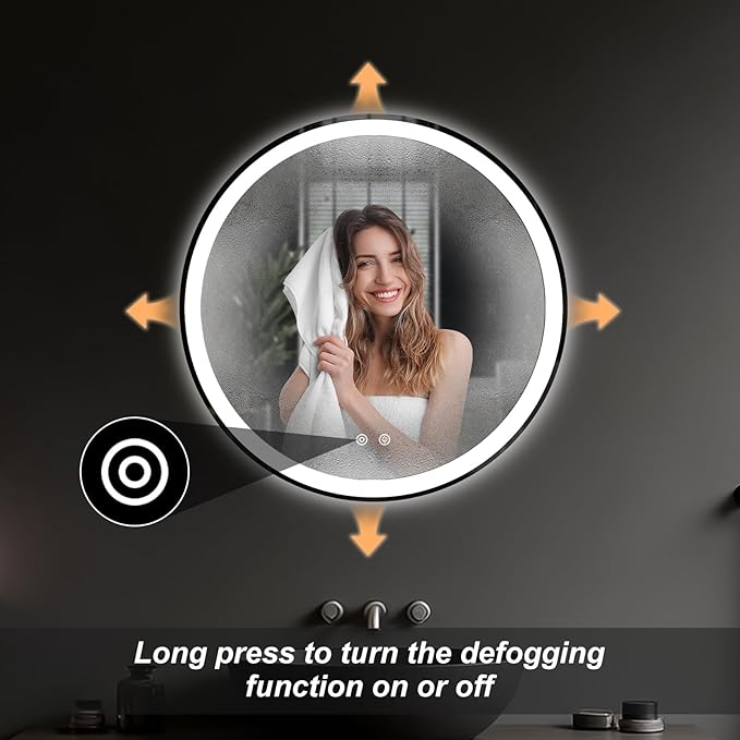 Sweetcrispy 24 Inch Round LED Bathroom Mirror with Lights, Circle Vanity Mirror with Anti-Fog, Dimmable, 3-Color Light, Memory Function, Tempered Glass