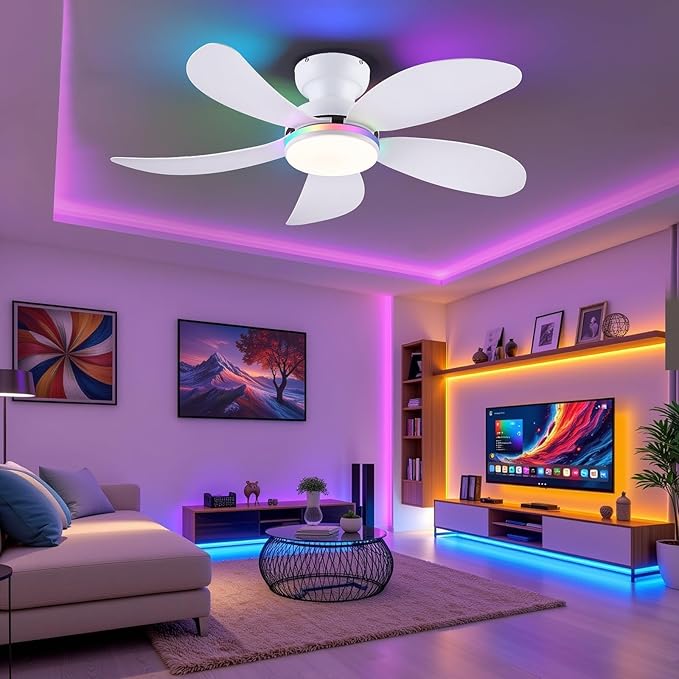 PHORUS 42" White RGB Ceiling Fans with Lights and Remote/APP, Small Modern Low Profile Ceiling Fans with Quiet Reversible DC Motor, Dimmable LED Ceiling Fan Light with 3 Colors 6 Speeds