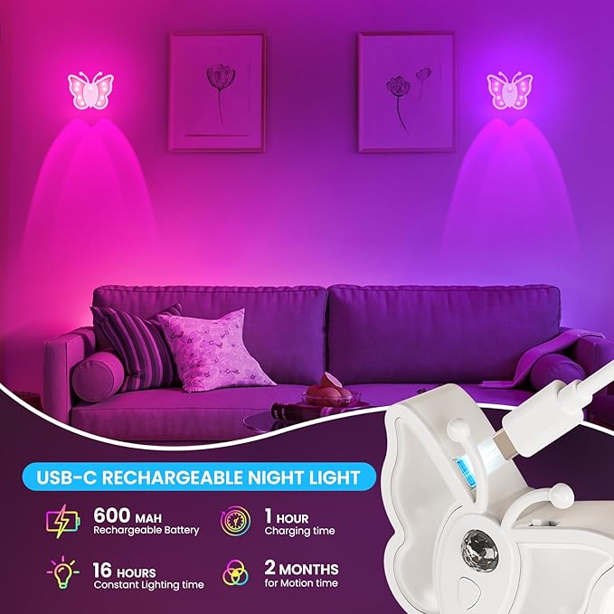 LOFTEK Rechargeable Motion Sensor Light, RGB Color Change & Dimmable Night Light, Cute Butterfly Light for Kids' Bedroom, Bathroom, Hallway, Tent & Stairs - Halloween Decor & Gift, Black of 4