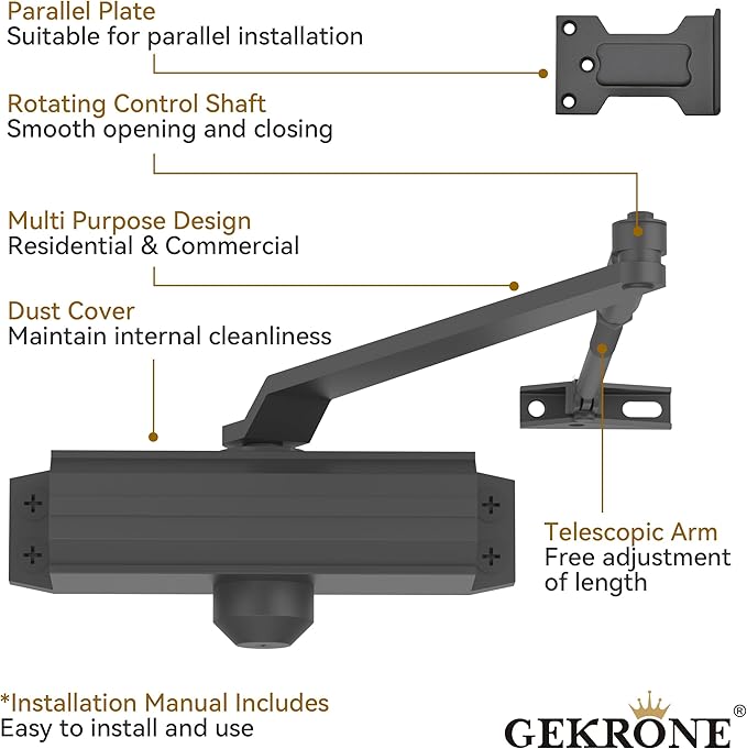 Automatic Door Closer Heavy Duty Spring Size 2 Hydraulic Aluminum Alloy UL 3-Hour Fire Rating Surface Mounted Home Commerical Door Closures Hold Open Adjust Speed Door Weights 88-144 Lbs