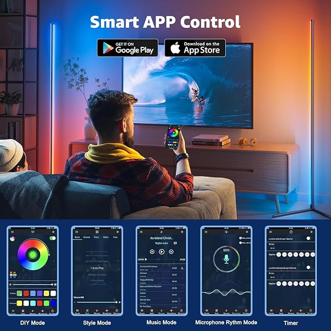 LED Floor Lamp, RGB Corner Floor Lamp with APP Remote Control,Black Standing Lamp with 16 Million Colors Changing Ambience Light with Music Sync,DIY Mode for Living Room, Bedroom (1)