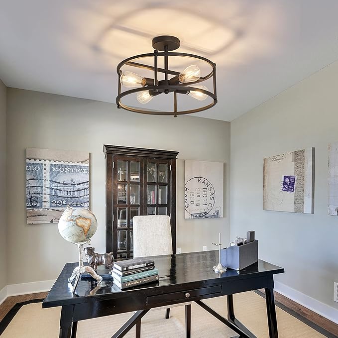 Industrial Semi Flush Mount Ceiling Light,4 Light Rustic Metal Ceiling Light Fixture,Black Farmhouse Chandelier for Kitchen Island Dining Room Hallway Entryway Bedroom Living Room.