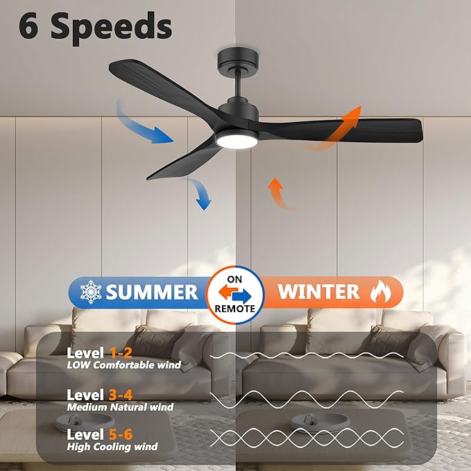 52 Inch Wood Smart Ceiling Fans with Lights Remote,Voice Control via WIFI Alexa App,Quiet DC Motor,Outdoor Indoor Ceiling Fan,Dimmable,Modern Black Lighting & Ceiling Fan for Bedroom Patio Porch