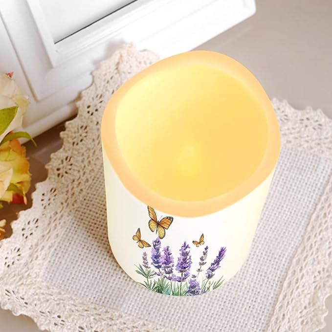 Lavender Butterfly Flameless Candles Bulk Timer Battery Operated Candles with Remote Color Changing Electric Pillar Led Candles Room Home Dining Table Decorations Tea Light