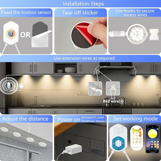 Under Cabinet Lights 12Ft,Motion Sensor LED Under Counter 6 Puck Lights with APP&Remote&Sensor/3 Work Modes/3 Colors/Timers/Motion Activated Allowed/Dimmable/Night Light for Cabinet,Home,Closet,Garage