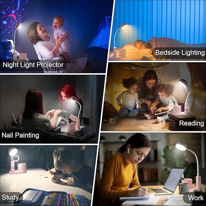 Cute Pink Rabbit Lamp for Kids Reading Study - Star Projector/Pen Holder/3 Brightness/Eye Caring, Rechargeable Led Table Desk Lamp for Home Office Dorm Decor, Ideal Birthday Christmas Gifts