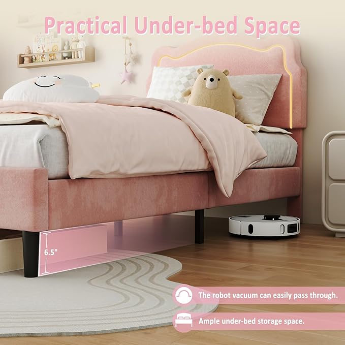GarveeHome Twin Upholstered Smart LED Bed Frame with Headboard, Velvet Princess Platform Bed Frame for Kids, Wooden Slats Support, No Box Spring Needed (Pink)