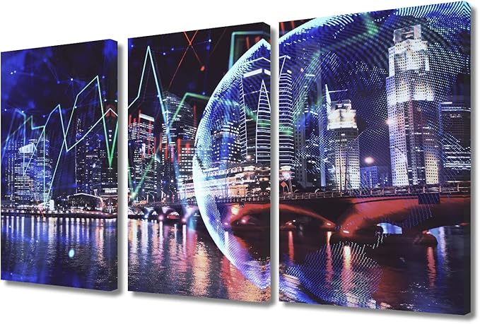 Modern Canvas Business and Financial Concept Pictures Home Decor Posters and Prints 3 Pieces Trading Graph on the Cityscape at Night Background Wall Art for Living Room Ready to Hang (36"Wx24"H)