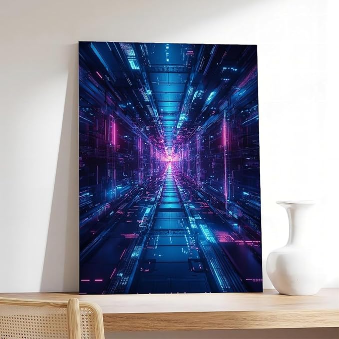 High-Tech Digital Abstract Wall Art – Glowing Geometric Canvas Print – Minimalist Futuristic Aesthetic Home Decor Canvas Poster Bedroom Decor Sports Landscape Office Room Decor Gift 08x12inch(20x30cm)