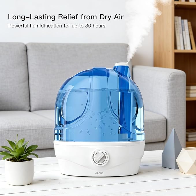 AZEUS 2.8L Large Capacity Ultrasonic Cool Mist Humidifier - Powerful Moisture Control for Comfortable Spaces, Lasts up to 30 Hours, Auto Shut-Off (BPA-Free)