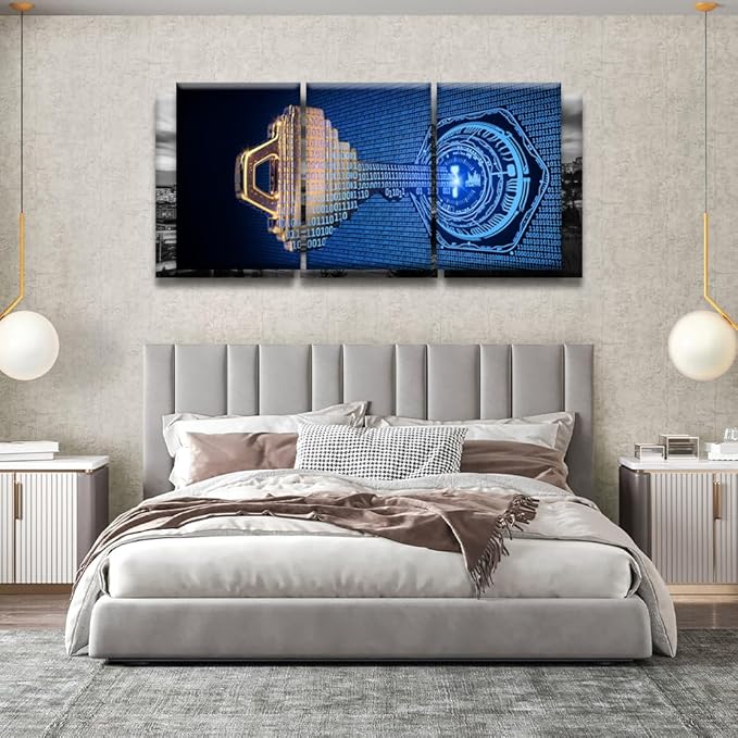 Modern Wall Art for Living Room Multi Panel Wall Decor A Key Formed from Binary Code Goes Into an Abstract Lock Picture Poster Artwork Stretched Framed Gallery-Wrapped Ready to Hang, 16x24inchx3