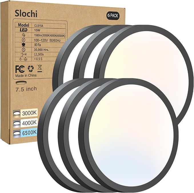 slochi 6 Pack Flush Mount Ceiling Light, 3000K-4000K-6500K Ceiling Light Fixture 7.5Inch, Ultra Thin Round White Flat led Lights for Bathroom Hallways Closet Laundry Bedroom Kitchen