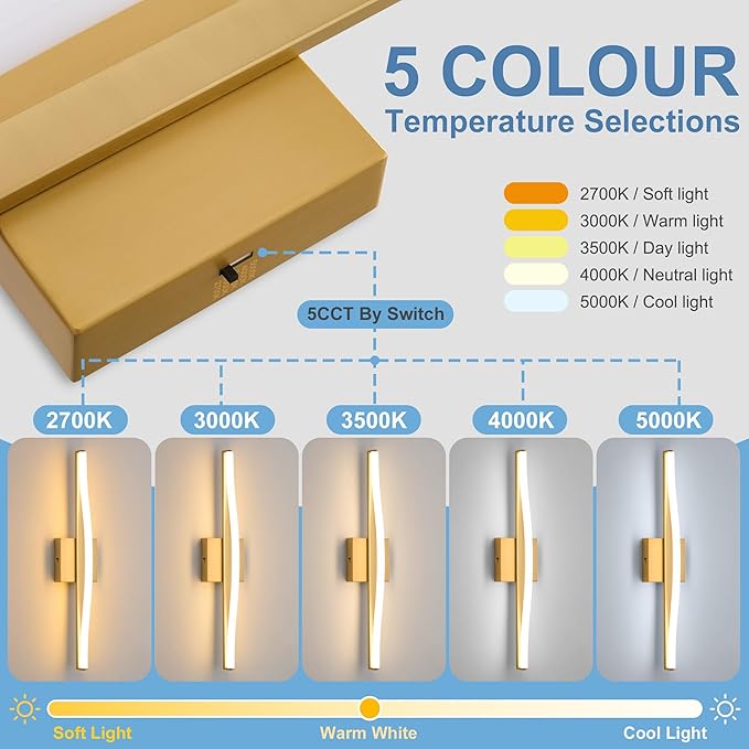 Modern Bathroom Vanity Light 24 inch, Curved, Dimmable 5CCT Led Bathroom Light Fixture Over Mirror, Gold Bar Vanity Light for Bathroom Mirror Cabinets-ETL Certificated Modern LED Vanity Makeup Lights