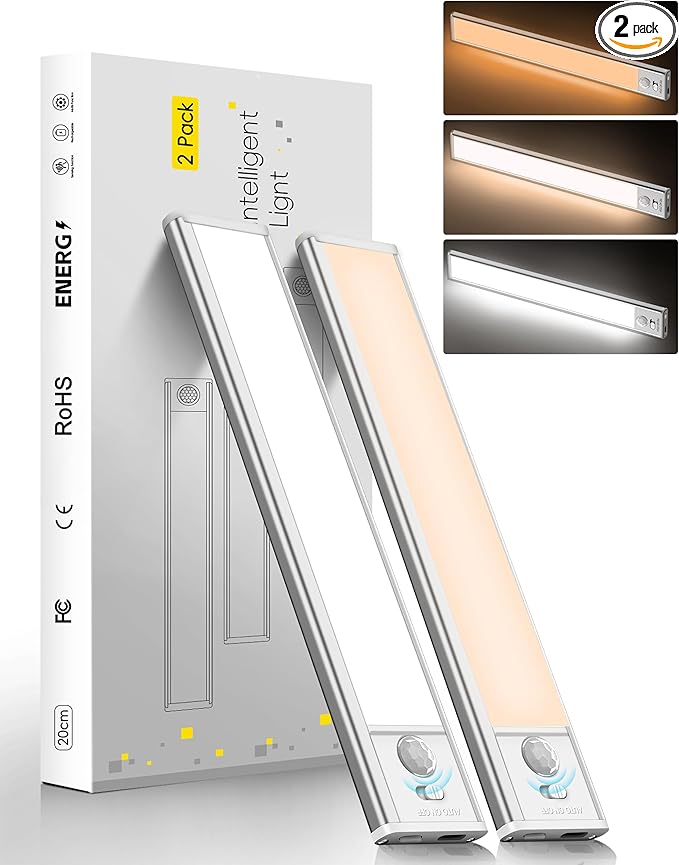 7.9inch Under Cabinet Lighting1400mAh with Motion Sensor,34LED 3Color Temperature,Closet Lights Motion Sensored, USB-C Charging,Durable And easy-to-install Magnetic Cabinet Light,staircases, -2Pack