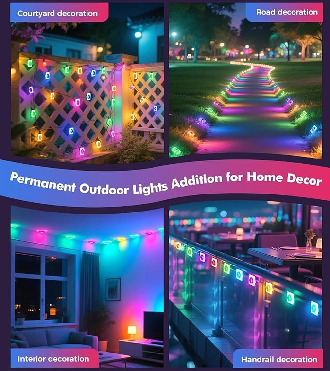 Permanent Outdoor Lights 50 FT Patio Lights,50ft RGB+IC Smart Outdoor Decor, 50 Scene Modes App/Remote Control, IP67 Waterproof for Christmas Holiday Party Decor for Garden House Roof Lighting