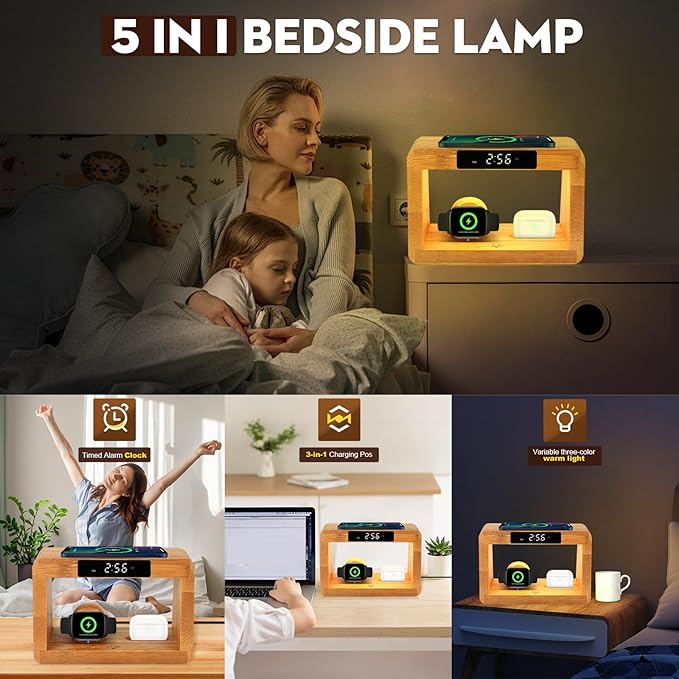 Wooden Bedside Table Lamps for Bedroom with Wireless Charger, nightstand lamp with Charging Station, 3 Night Light Modes Dimmable Touch Bedside Lamps with Alarm Clocks Lamps for Night Stands