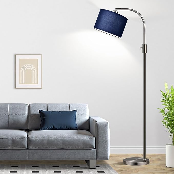 Nintiue Upgraded Modern Arc Dimmable Tall Standing Floor Lamp with Blue Shade, 1200 Lumens LED Bulb Included, for Living & Reading Room, Bedroom, Office & Nursery, Brushed Nickel