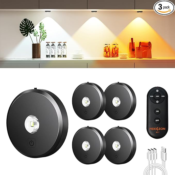 Puck Lights with Remote Control, Rechargeable Wireless Under Cabinet Lighting, 5 Pcs (Dark Grey) - Tap Push Touch Lights for Counter, Shelf, Bookcase