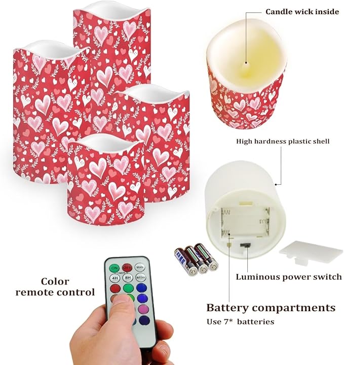 Red Heart Pattern Flickering Flameless Candles with Remote LED Pillar Candles Battery Operated with Timer Color Changing Electric Candles Valentine's Day Decoration