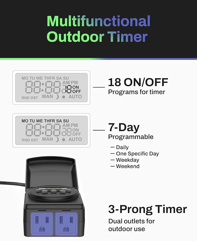 BN-LINK Digital Astronomic Landscape Timer, 7-Day Programmable Outdoor Plug with Dual Grounded Outlets, Waterproof Design for Christmas Lights and Holiday Decorations
