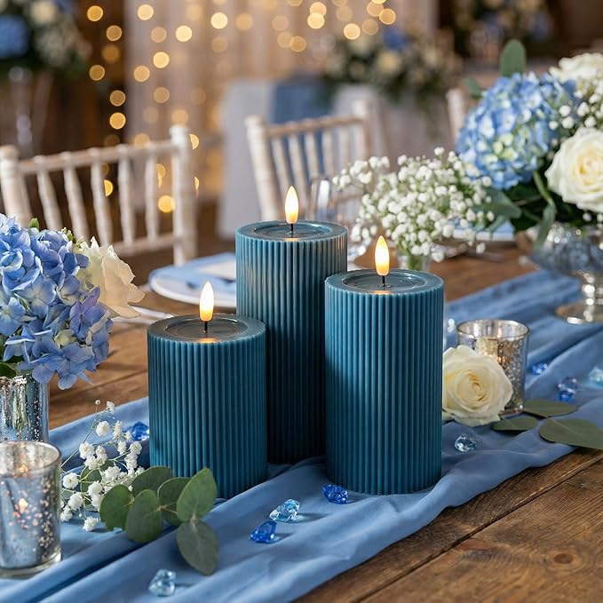 WYZworks Fluted Ribbed LED Pillar Candles, Blue, with Realistic Reflective Melted-Wax Effect – Flickering Flame, Remote, Dimmable, Flameless, Battery Operated, Home & Wedding Decor (Set of 3)