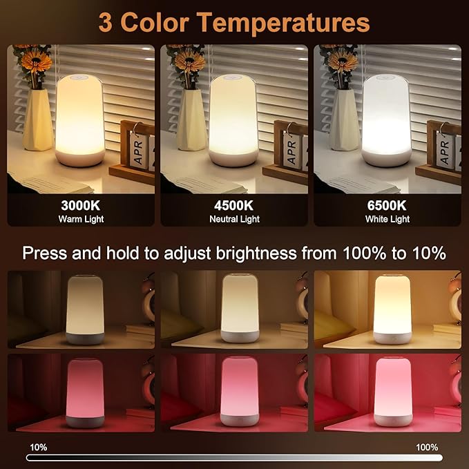 FRIDEKO HOME 2 Pack RGB Touch Bedside Lamp for Nightstand, 3 Color Temperatures Rechargeable Battery Night Light, Dimmable Mood Lighting for Bedroom Living Room Nursery, Breastfeeding, Kids, Adult