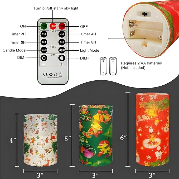 Floral Flameless Candles with String Lights - 3pcs Battery Operated Candle Flickering Christmas LED Pillar Candles with Timer Remote for Home Decor Romantic Ambiance,CH