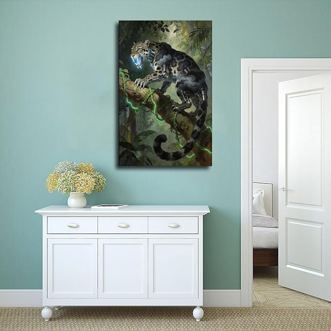 Framed Steampunk Mechanical Leopard Wall Art - Jungle Futuristic Beast Poster for Man Cave Living Room Decor 24x36inch(60x90cm)