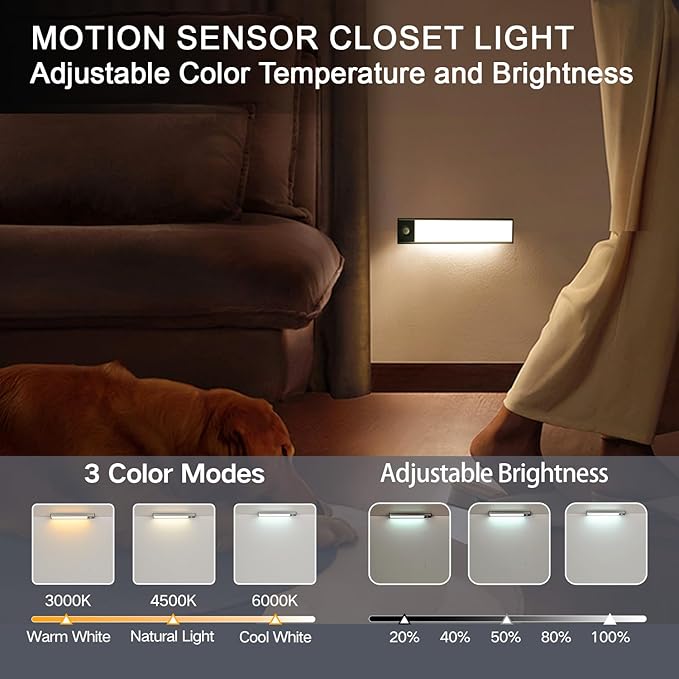 Under Cabinet Lighting, 3200mAh Motion Sensor Light Indoor, 3 Color Temp, Rechargeable Battery Operated LED Closet Lights, Wireless Under Counter Lights for Kitchen Stair (8 Inch, 2 Pack)