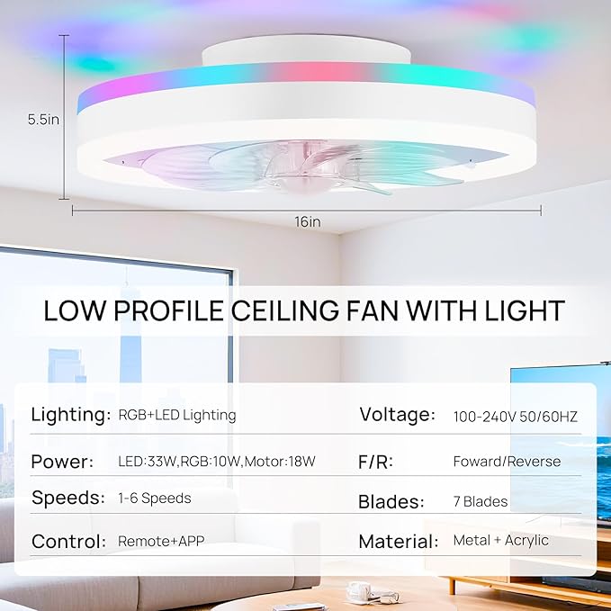 RGB Ceiling Fans with Lights, 16" Fandelier Low Profile Ceiling Fan with Light, Modern Flush Mount Ceiling Fan Light with Remote/APP Control, Bedroom Chandelier Fan Fixture for Indoor(White)