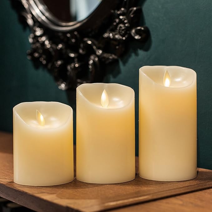 Flameless Candles Battery Operated Pillar Real Wax Electric LED Flickering Candle Sets with Remote Control Cycling 24 Hours Timer, 4" 5" 6" Pack of 3 (Ivory)