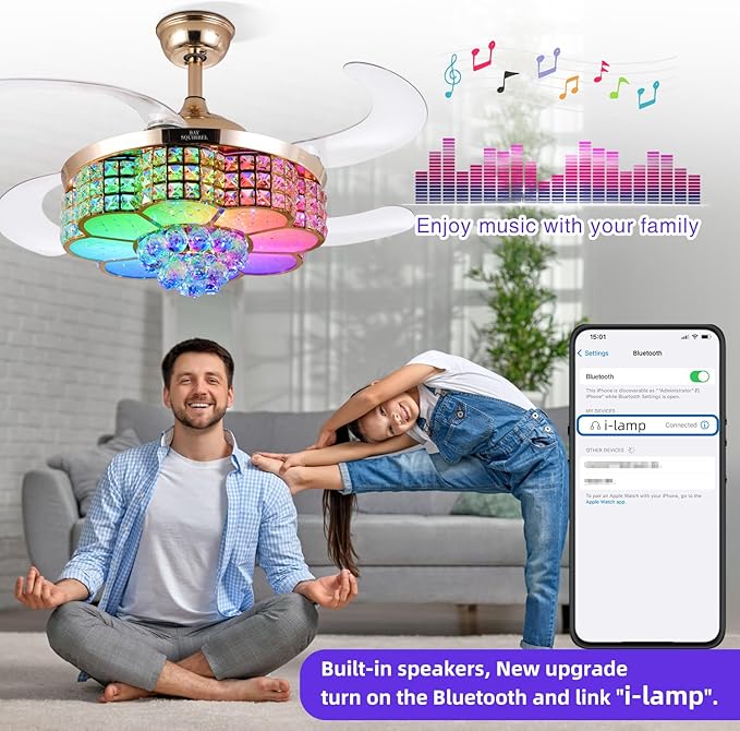 BAYSQUIRREL Retractable Crystal Ceiling Fan with Light, Bluetooth Ceiling Fan with Speaker, RGB-LED Light 6 Speed Reversible Low Profile Modern Invisible Ceiling Fan,Remote and APP Control