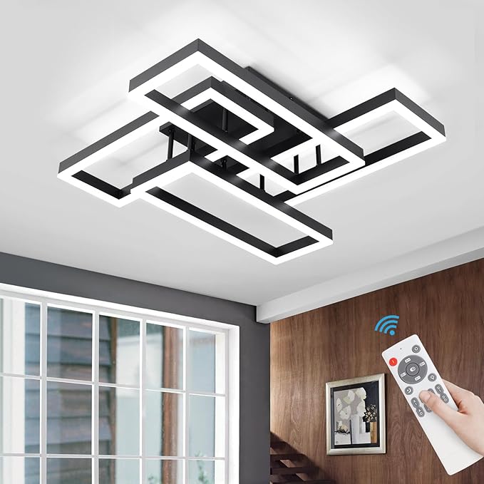 Modern Led Ceiling Light for Living Room,Black Flush Mount Ceiling Lights with Remote Control&APP，3000-6500K Dimmable, 54W Acrylic Ceiling Lamp for Bedroom Kitchen Dining Room