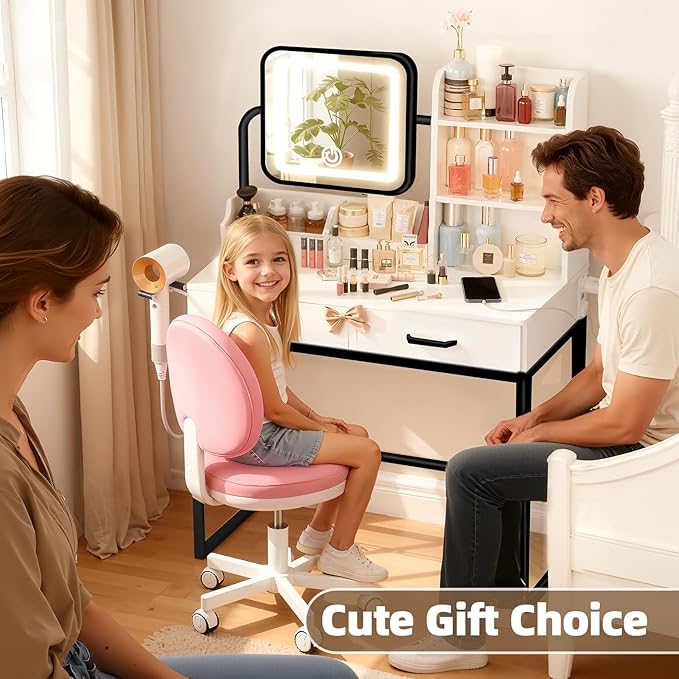 Compact Makeup Vanity for Girls with Mirror and Lights, Vanities Desk with 2 Drawers and Charging Station, LED Lighted Bedroom Dressing Table, Black
