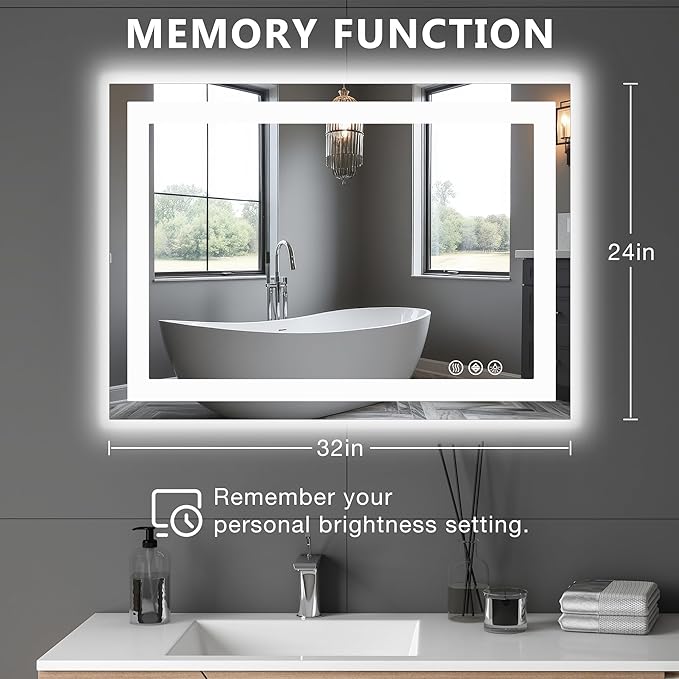 Sweetcrispy 24.1"x32.1" Smart Anti-Fog LED Bathroom Mirror with Front Light & Backlit, 3 Color Temperatures, Dimmable, Memory Function, Rectangle Modern Vanity Mirror