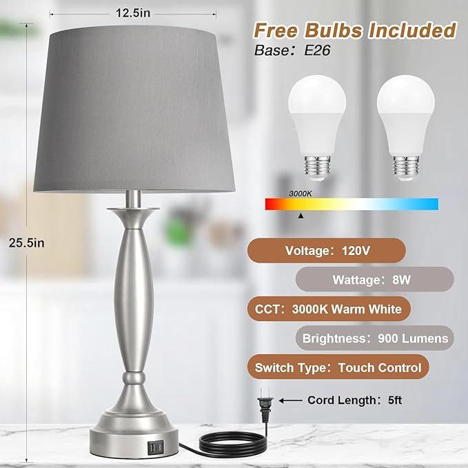 25.5" Lamps for Bedrooms Set of 2 - Touch Bedside Lamp with USB C+A, 3 Way Dimmable Nightstand Lamps with USB Port, Brushed Nickel Table Lamp for Living Room Bed Side End Table（bulbs included）