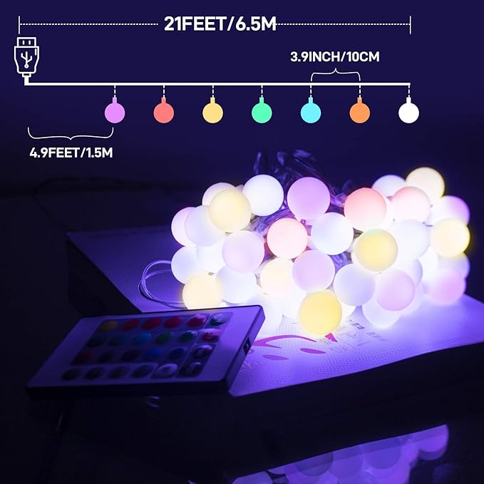 LED String Lights USB Plug in 19 Color Changing String Lights with Remote 21.3FT 50 LED Multicolor Globe Fairy Lights for Bedroom Indoor outdoor Girls Dorm Wedding Party Christmas Tree Decorations