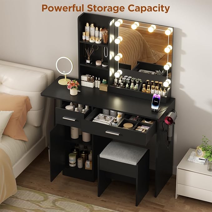 Vanity Desk with Mirror and Lights, 43.3" Makeup Desk with Stool and Power Outlet, 5 Drawers and Open Shelves Make Up Table for Bedroom, Black